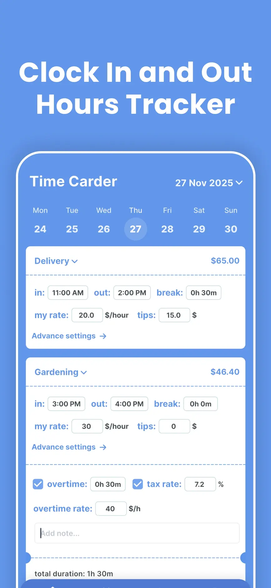 Time Carder app time tracking screen