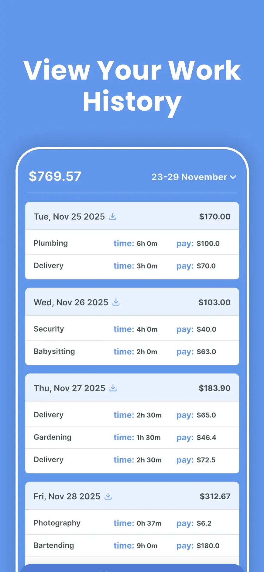Time Carder app multiple shift/job/project tracking